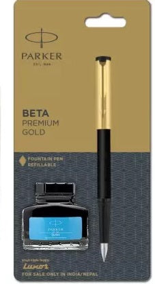 PARKER BETA PREMIUM GOLD TRIM FOUNTAIN PEN WITH INK BOTTLE